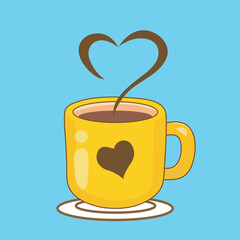 cup of coffee with heart.Vector cute coffee or tea cups with steam that forms the symbol of love. Hand drawn illustration in doodle style. Colorful art design for printing greeting card, invitation