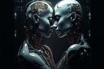 Two robots show each other feelings. Love robots concept. AI generated, human enhanced