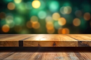 wooden table top with out-of-focus lights in the background. Generative AI