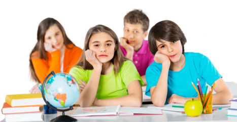 Friendly school children with books at class