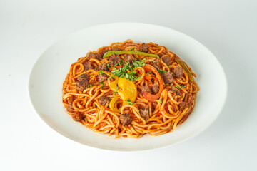 Red Pasta in white Dish 