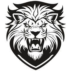 Lion head embleme for sport team, black and white animal mascot logotype