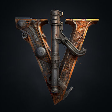 gun, steampunk, alphabet, a, b, c d, f, g, h, j, k, l, m, n, p, q, r, s, t, v, x, z, weapon, isolated, metal, old, machine, white, equipment, steel, technology, retro, tool, iron, generative ai