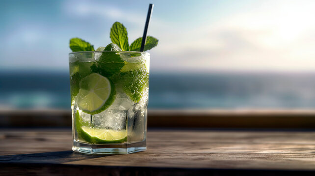 Mojito in a glass on wooden deck table on a blurred ocean background.