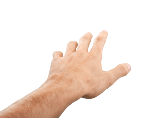 Male hand reaching reaching forward isolated on white background