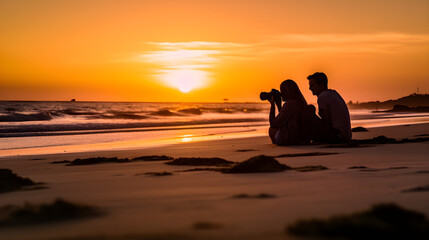 Fototapeta na wymiar couple enjoying a sunset on the beach