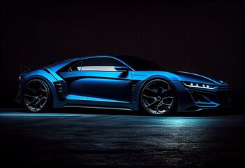 Obraz na płótnie Canvas Modern blue sports car in a gentle light on black background. Generative AI