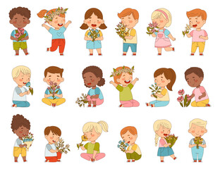 Preschool Children with Flower Bouquet and Wreath Smelling Aroma and Fragrance Big Vector Set