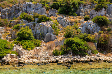 The ruins of a sunken ancient city on the island of Kekova Lycian Dolichiste in Turkey in the province of Antalya