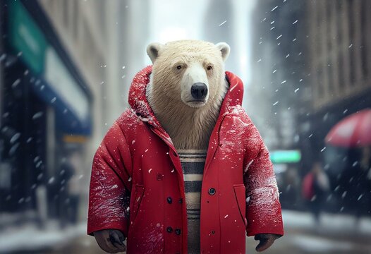 A Polar Bear wearing a red jacket in New York City during a blizzard. Generative AI