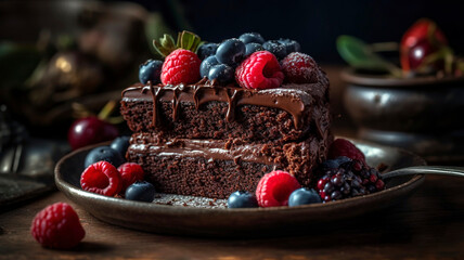 Fototapeta na wymiar Delicious, perfectly layered slice of chocolate cake with a dark chocolate ganache, fresh berries, and a dusting of powdered sugar.