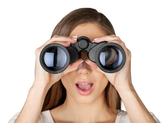 Binoculars female searching isolated exploration close-up discovery