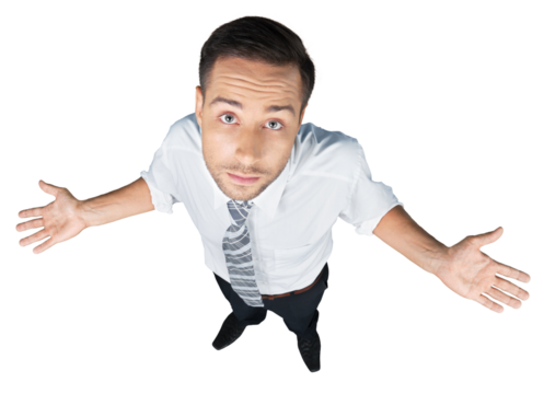 Portrait of handsome businessman looking at camera with arms outstretched on white background - Powered by Adobe