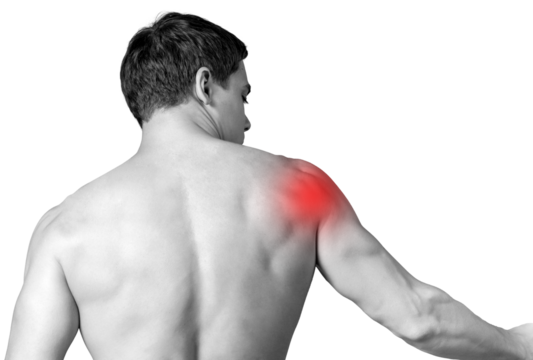 Strong man with shoulder pain, back view