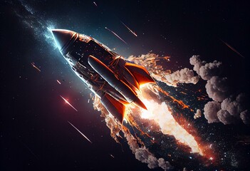 Fototapeta na wymiar rocketship shooting through space and stars. Generative AI