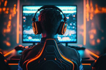 Rare view of pro gamer in headphones live streaming while playing online computer game in red and blue neon lights. Cybersport, esports concept. Generative AI - obrazy, fototapety, plakaty