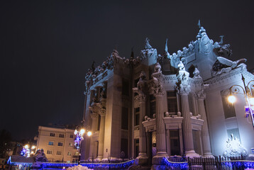 The House With Chimeras Kyiv Ukraine at night in winter