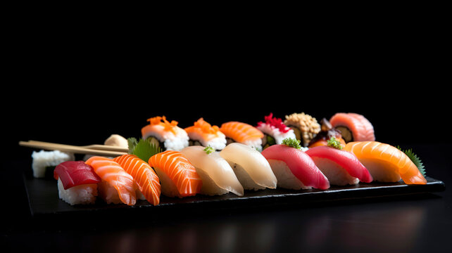 Close-up of a vibrant, fresh sushi platter with a variety of rolls, sashimi, and nigiri, set on a black slate background.