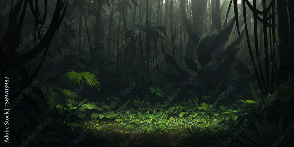 Wall mural wild jungle in night. scary thicket of the rainforest. dark tropical forest with exotic plants, palm - Wall murals
