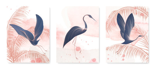 Luxury art background with birds and palm trees in pink color in line art style. Watercolor animalistic set for decor, wallpaper, interior design, print, poster.