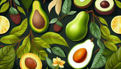 Vector seamless pattern with avocado. Tropical background with exotic fruit