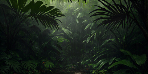 Fototapeta na wymiar Jungle during heavy rain. Dark tropical forest with exotic plants, palm trees, big leaves and ferns. Scary thicket of the rainforest. Streams of water, wet green vegetation and ground. Generative AI