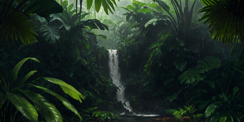 Naklejka na ściany i meble Waterfall in wild jungle. Heavy rain. Dark tropical forest with exotic plants, palm trees, big leaves and ferns. Scary thicket of the rainforest. Stream of water, wet green vegetation. Generative AI