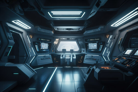 Control room in spacecraft, interior of spaceship or space station, generative AI.
