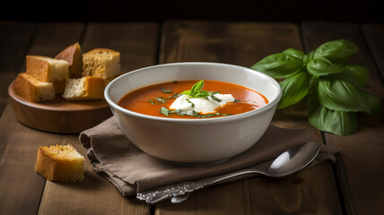 Bowl of steaming homemade tomato soup, garnished with fresh basil, croutons, and a drizzle of cream, set on a rustic wooden table.
