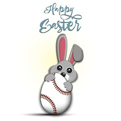 Happy Easter. Rabbit with egg shaped baseball ball