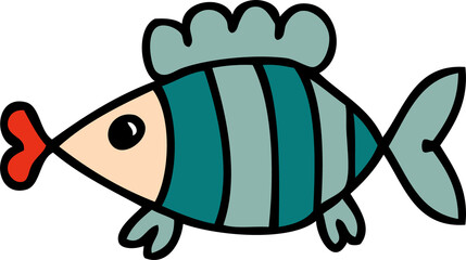 Doodle kawaii fish in simple retro style illustration for decor and design.
