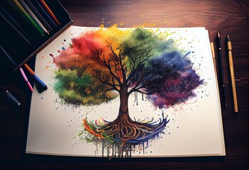 Fototapeta na wymiar rainbow tree color colorful watercolor painting illustration design. Generative AI