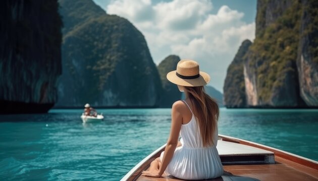 Happy tourist woman in white summer dress resting on boat in beautiful travel concept to Thailand. Generative AI