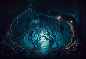 Realistic haunted forest creepy landscape at night. Fantasy Halloween forest background. Digital art. Generative AI