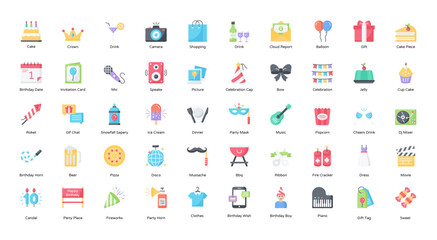 Birthday Flat Icons Celebration Party Icon Set in Color Style 50 Vector Icons in Black	