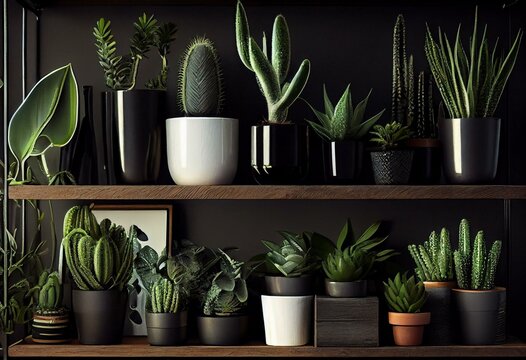 Stylish green plants and black watering can on wooden shelves. Modern hipster room decor. Cactus, asparagus , dracaena, epipremnum pothos, ivy, palm, sansevieria in pots on shelf. Generative AI