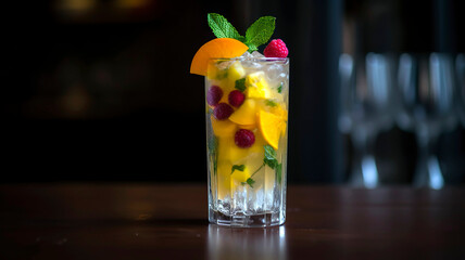 Close-up of a refreshing fruit cocktail with ice, mint, and a mix of berries, oranges, and pineapple, served in a tall glass.