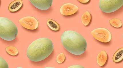 cantaloupes on a pattern formation on a pastel colour background, Generative AI