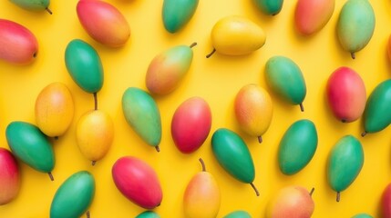 Fototapeta na wymiar mangoes on a pattern formation on a pastel colour background, Generative AI