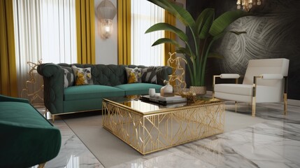 Hollywood regency interior design style living room, Generative AI