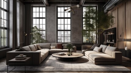 Industrial design style living room interior, Generative AI