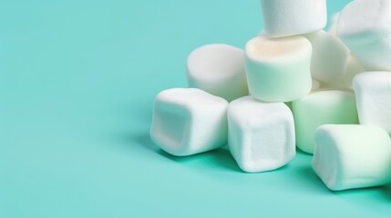 Marshmallows Chewy candy close up on a turquoise background, Generative AI