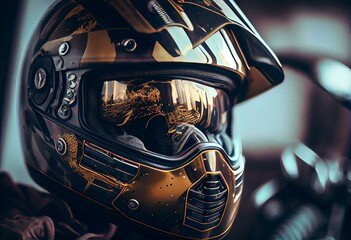motorcycle helmet on a motorcycle. Generative AI
