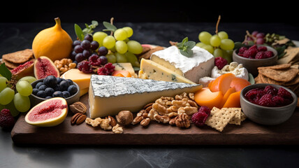 Beautifully presented cheese board featuring a variety of artisan cheeses, fresh fruit, nuts, and crackers, set on a marble surface.