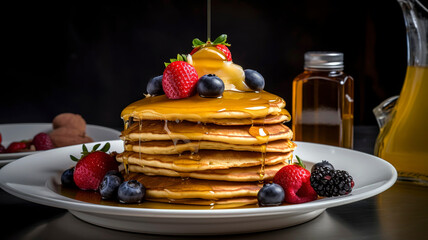 Mouthwatering stack of golden pancakes, topped with fresh fruit, a pat of butter, and a drizzle of maple syrup.