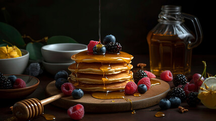 Mouthwatering stack of golden pancakes, topped with fresh fruit, a pat of butter, and a drizzle of maple syrup.
