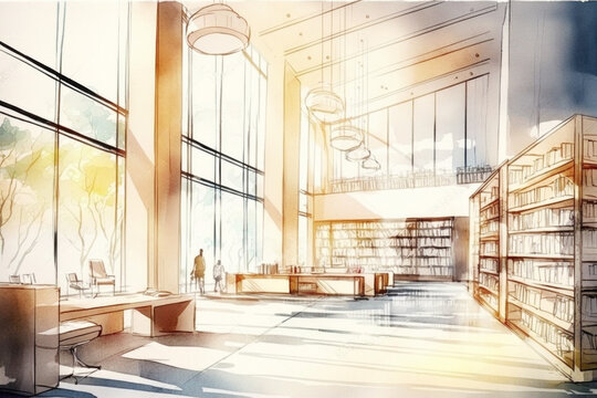 Interior of modern library. Huge bright room with shelves and stacks of books. World Book and Copyright Day. Illustration generated by AI