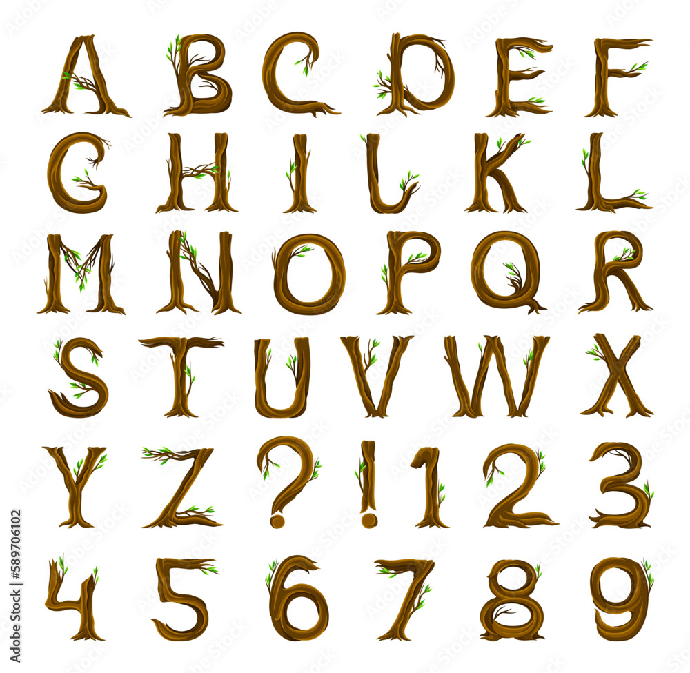 Wall mural forest alphabet with letters arranged from tree trunks and branches big vector set