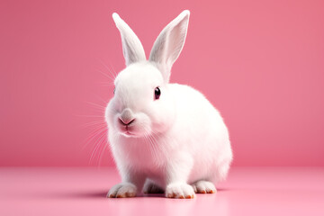 Obraz premium White bunny on pink background. AI generated image