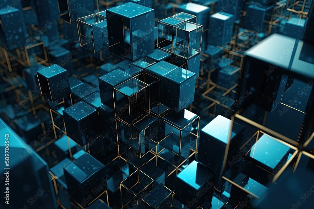 Poster floating cubes in a colorful abstract space. generative ai